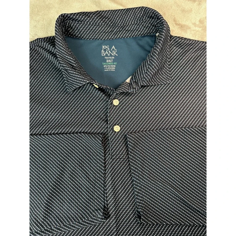 Jos A Bank Traveler Polo Shirt Mens 2XLT Navy Blue Long Sleeve Stretch Dot Print